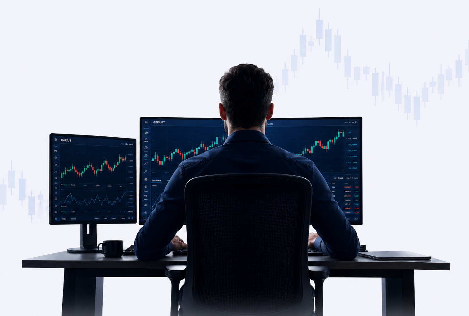 Professional forex trader analyzing markets on multiple screens